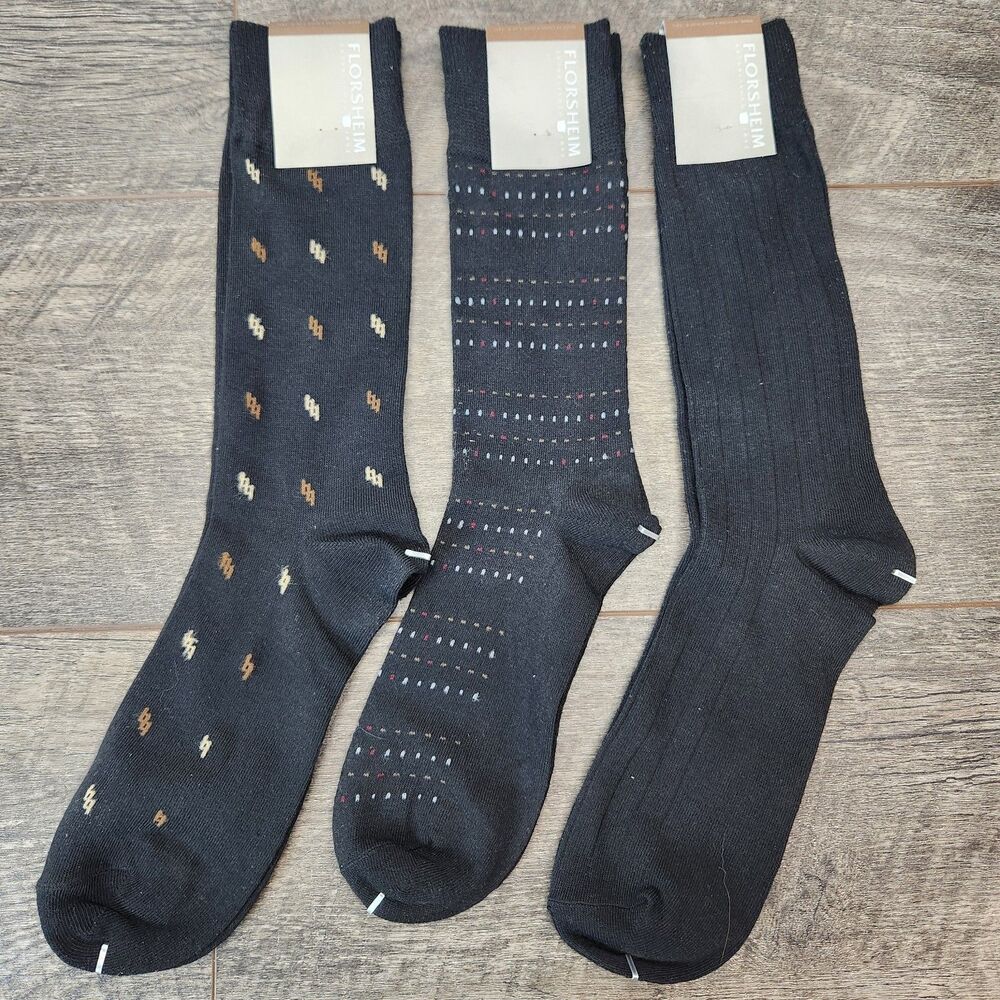 Florsheim Dress Socks Mens 6-12.5 Black 3 Pair Geometric Pattern New
